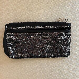 Victoria's Secret Black Sequin Clutch Pouch Wristlet Silver Gently Used